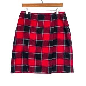 Talbots 6 Wool Blend Faux Wrap Red Black Buffalo Plaid Mini Skirt Academia